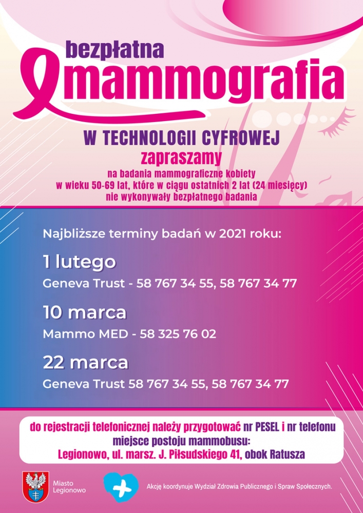 Plakat informujący o badaniach mammograficznych w lutym i marcu 2021 roku w Legionowie