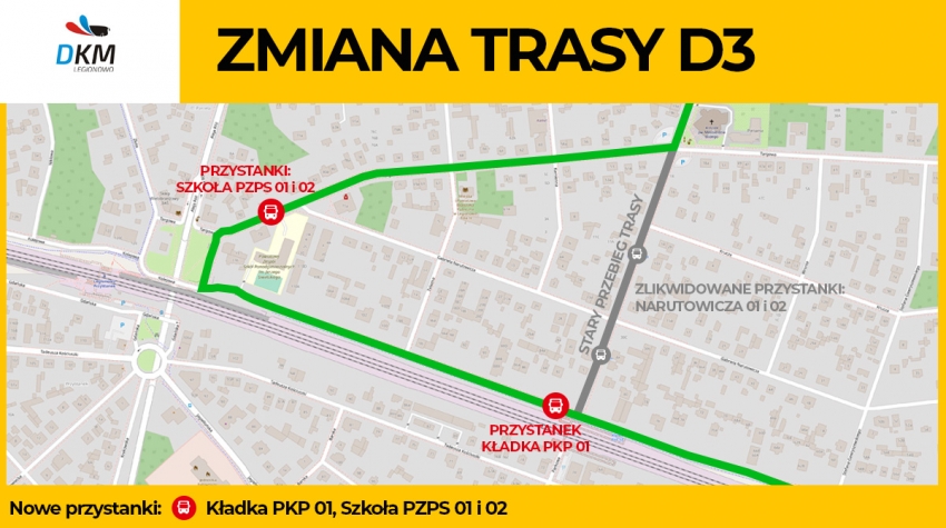 Mapa ze zmianą trasy linii D3 DKM Legionowo