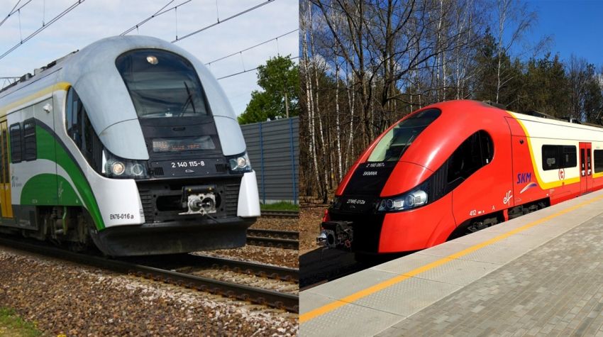 Pociągi - po lewej Kolei Mazowieckich, po prawej Szybkiej Kolei Miejskiej.