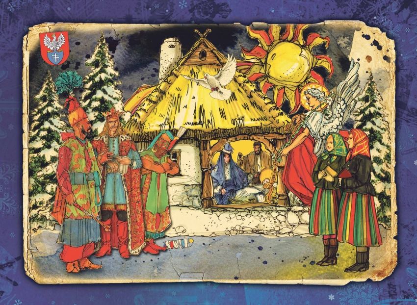 Pierwsza strona pocztówki świątecznej zaprojektowanej przez Rafała Roskowińskiego