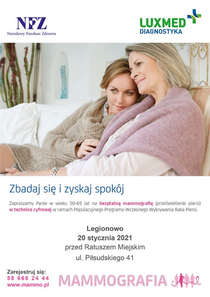 Plakat promujący badania mammograficzne. Szczegóły z plakatu w treści wydarzenia.