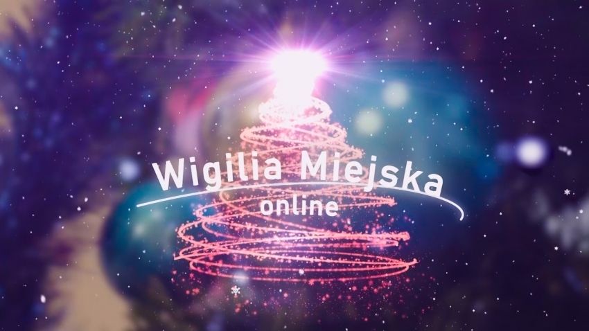 Grafika z napisem Wigilia Miejska on-line, w tle świąteczna choinka.