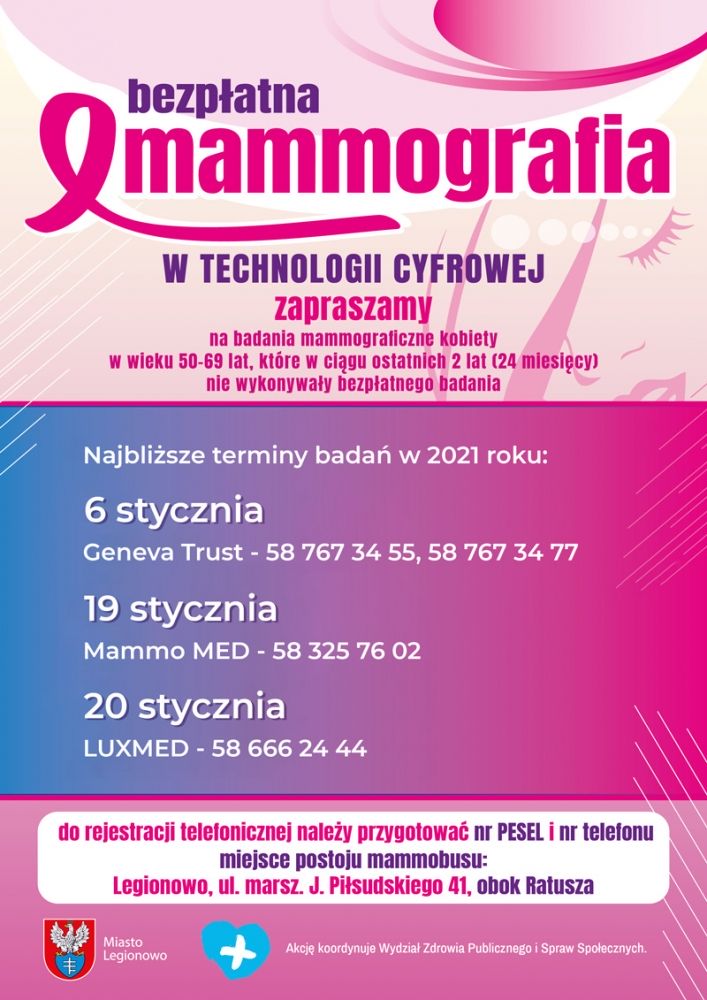 Plakat informujący o badaniach mammograficznych w styczniu 2021 roku w Legionowie