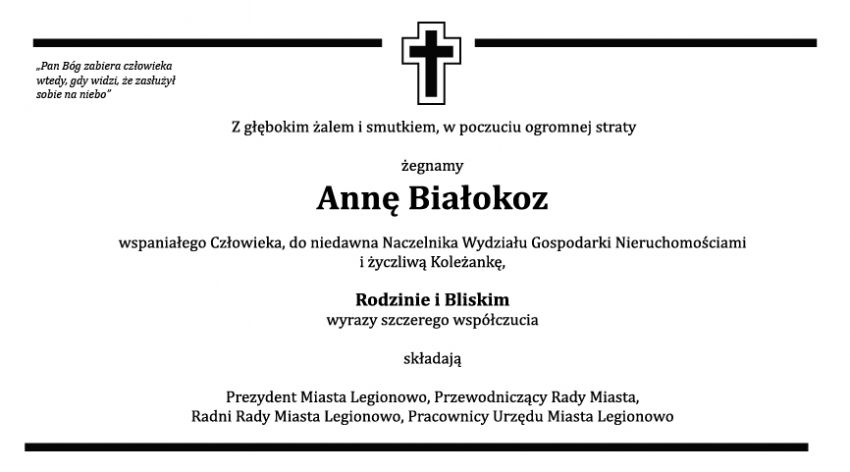 Kondolencje. Zmarła Anna Białokoz.