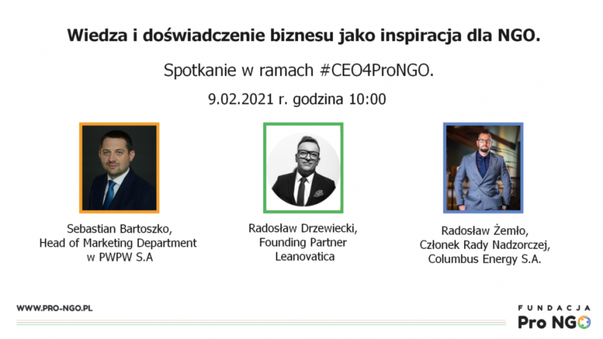 Na grafice informacje dotyczące wydarzenia - Spotkanie w ramach #CEO4ProNGO.