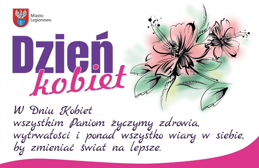 Życzenia na Dzień Kobiet, w tle bukiet kwiatów