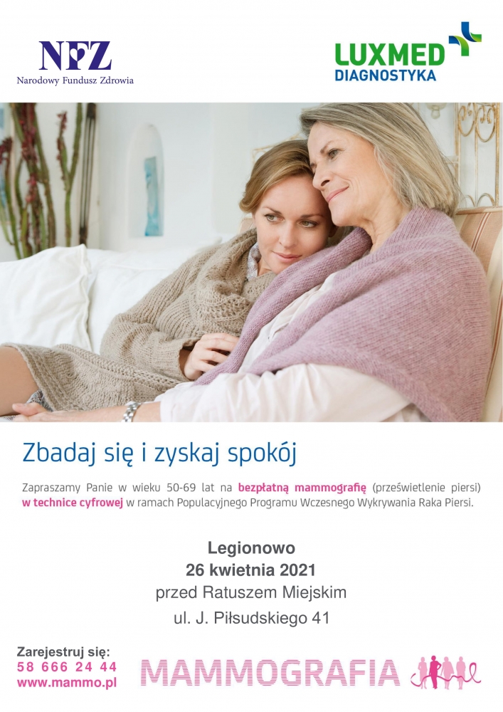 Plakat promujący badania mammograficzne. Szczegóły z plakatu w treści wydarzenia.