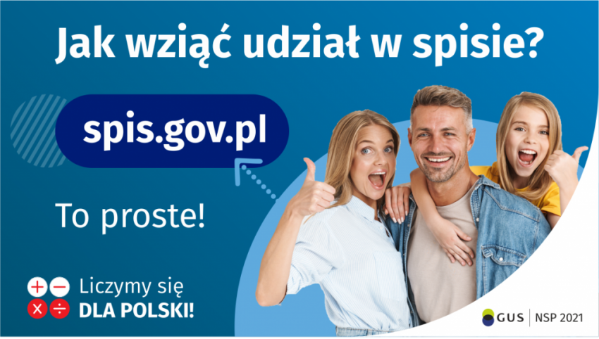 Grafika z napisem - Jak wziąć udział w Narodowym Spisie Powszechnym 2021? NA grafice trzy zadowolonoe osoby