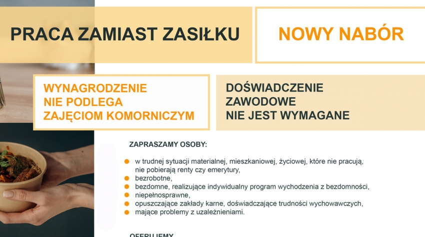 Napis na grafice - Praca zamiast zasiłku - Nowy nabór.