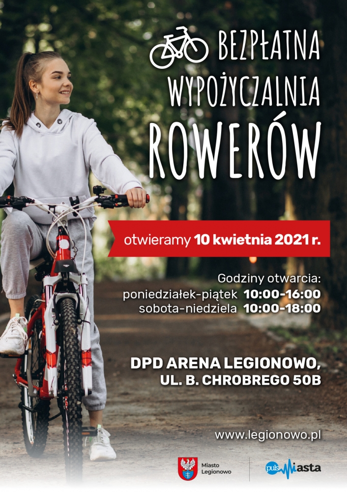 Plakat informujący o otwarciu bezpłatnej wypożyczalni rowerów, z lewej strony w tle dziewczyna z rowerem.