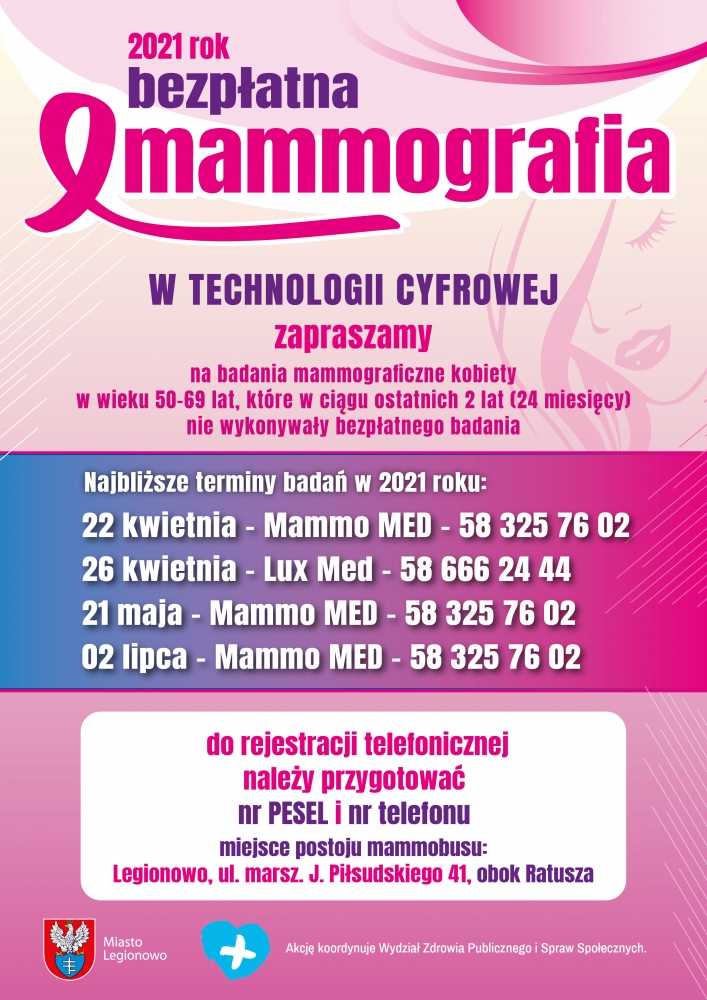 Plakat informujący o terminach badań mammograficznych w Legionowie