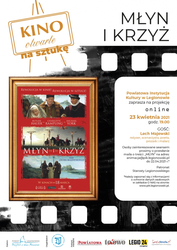 Plakat promujący Kino Otwarte ze sztuką Młyn i Krzyż. Treść z plakatu w artykule.