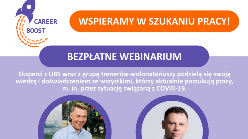 Grafika z napisem - Wspieramy w szukaniu pracy. Bezpłatne webinarium