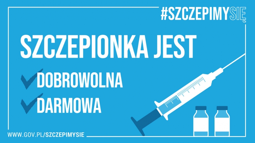 Grafika z napisem - Szczepionka jest darmowa. W tle strzykawka.