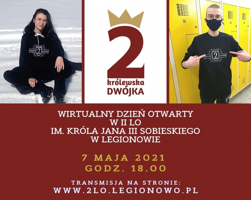 Z lewej strony dziewczyna, po środku logo Królewskiej dwójki, z prawej chłopak.