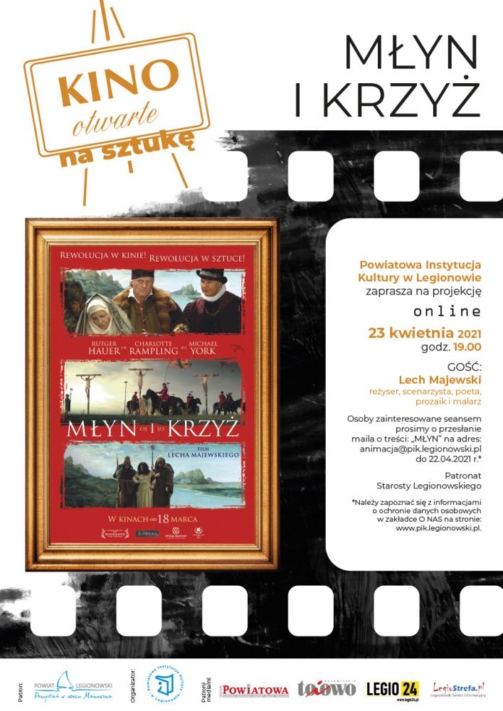 Plakat promujący Kino Otwarte ze sztuką Młyn i Krzyż. Treść z plakatu w artykule.