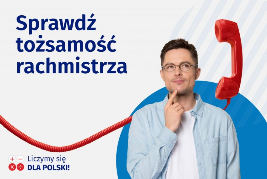 Grafika z napisem - Sprawdź tożsamość rachmistrza. Słuchawka telefonu stacjonarnego a obok zastanawiający się mężczyzna.