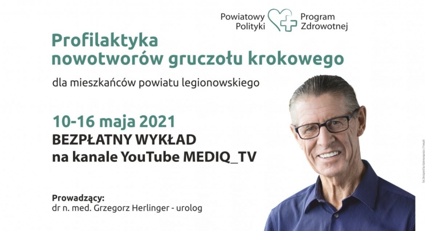 Plakat promujący bezpłatny wykład 'Rak i przerost gruczołu krokowego'. W tle starszy mężczyzna w okularach.