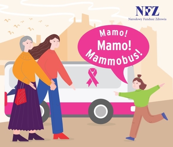 Mamo! Mammobus. Na grafice dwie kobiety stojące przed mammobusem oraz dziecko biegnące w ich kierunku.
