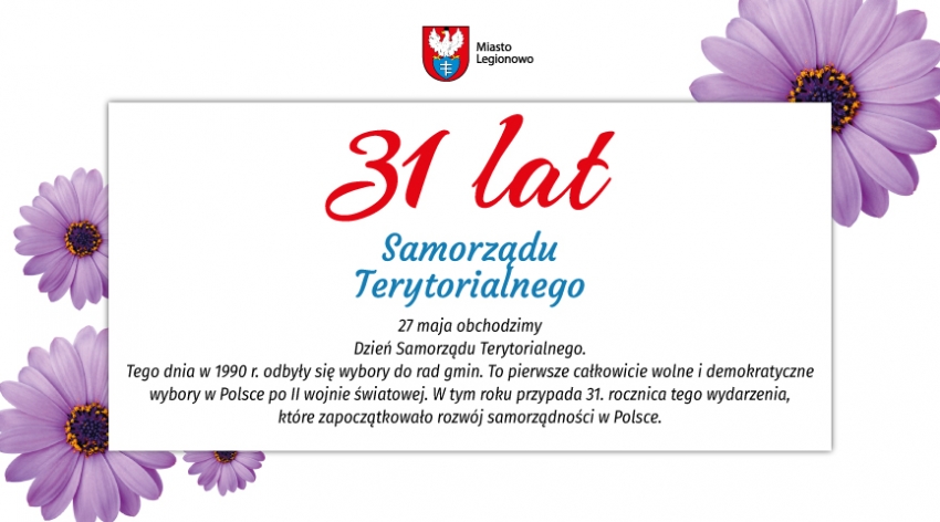 Grafika informująca o dniu samorządu terytorialnego - 27 maja.