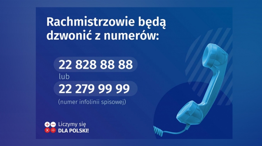 Grafika z telefonem w tle z informacją z jakich numerów będą dzwonić rachmistrzowie.