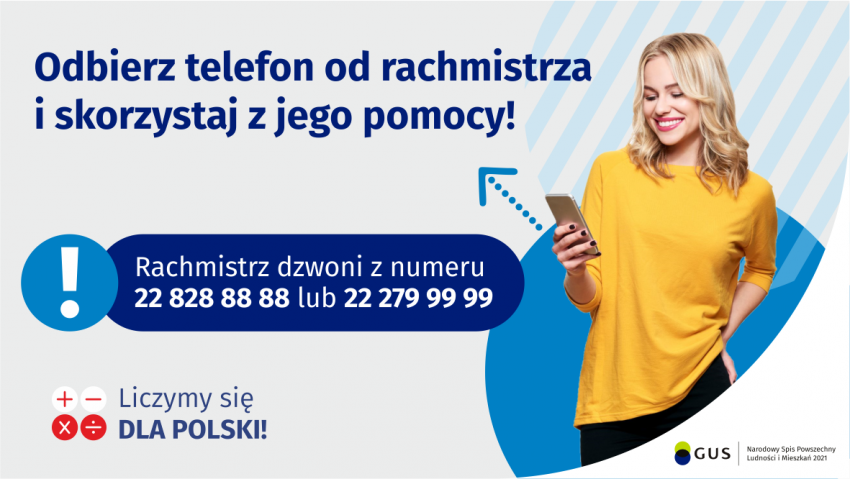 Grafika z napisem - Odbierz telefon od rachmistrza i skorzystaj z jego pomocy. W tle kobieta trzymająca telefon.