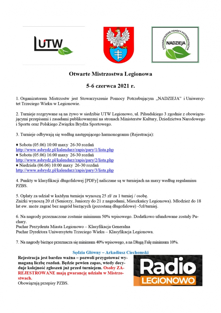 Grafika informująca o Otwartych Mistrzostwach Legionowa w brydżu