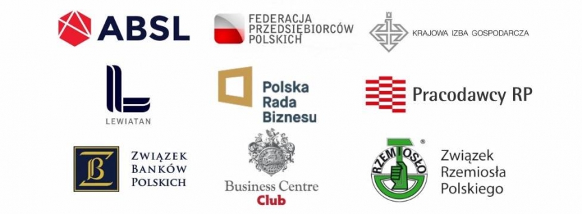 Loga: Pracodawcy RP, Konfederacja Lewiatan, Business Centre Club, Związek Rzemiosła Polskiego, Federacja Przedsiębiorców Polskich, Polska Rada Biznesu, Krajowa Izba Gospodarcza, Związek Liderów Sektora Usług Biznesowych i Związek Banków Polskich zadeklarowali chęć współpracy w zakresie zgłaszania i wdrażania konstruktywnych i efektywnych rozwiązań ratunkowych. Jak zaznaczają, nadzwyczajna sytuacja w naszym państwie wymaga nadzwyczajnych środków i działań. „Nie ma czasu na spory, dyskusje i politykowanie' - podkreślają sygnatariusze.