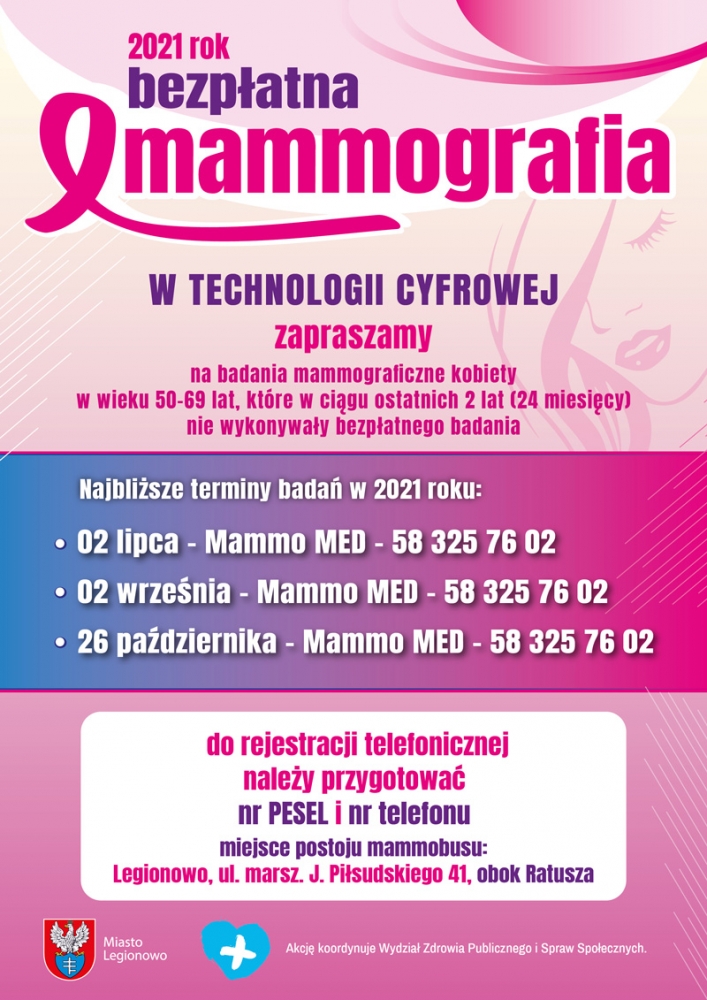Plakat informujący o terminach badań mammograficznych w Legionowie