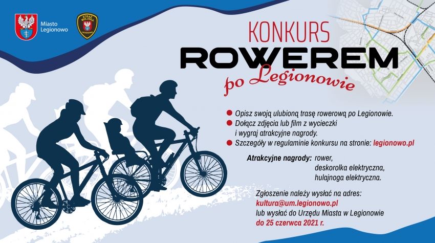 Baner promujący konkurs Rowerem po Legionowie w tle postaci jadących osób na rowerach.