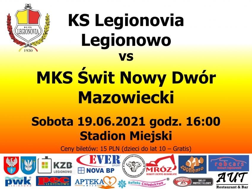 Grafika informująca o meczu KS Legionovia Legionowo z MKS Świt Nowy Dwór Mazowiecki