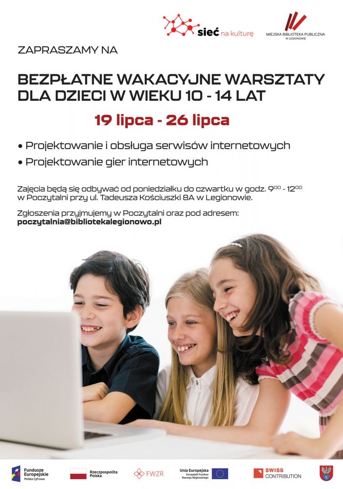 Plakat promujący warsztaty, w tle trójka uśmiechniętych dzieci - chłopiec i dwie dziewczynki przed laptopem.