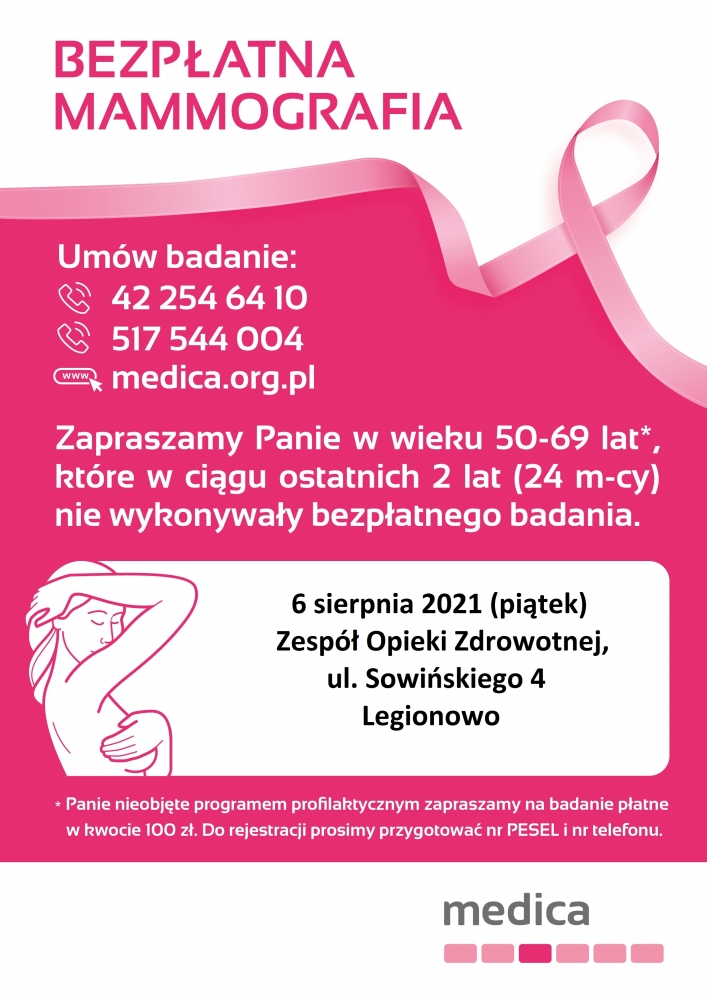 Bezpłatne badania mammograficzne mogą wykonać wszystkie panie w wieku 50-69 lat, które w ciągu ostatnich dwóch lat nie miały wykonywanego badania mammograficznego. Badania wykonywane są w ramach Populacyjnego Programu Wczesnego Wykrywania Raka Piersi i refundowane przez NFZ.