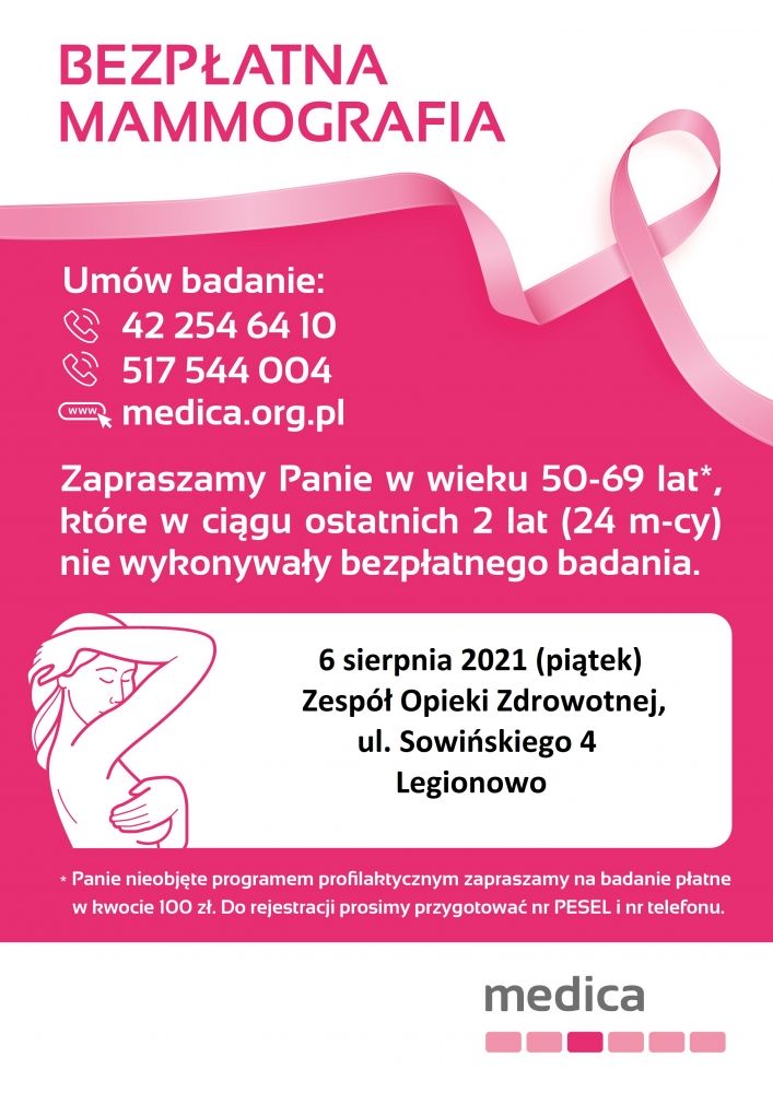 Bezpłatne badania mammograficzne mogą wykonać wszystkie panie w wieku 50-69 lat, które w ciągu ostatnich dwóch lat nie miały wykonywanego badania mammograficznego. Badania wykonywane są w ramach Populacyjnego Programu Wczesnego Wykrywania Raka Piersi i refundowane przez NFZ.