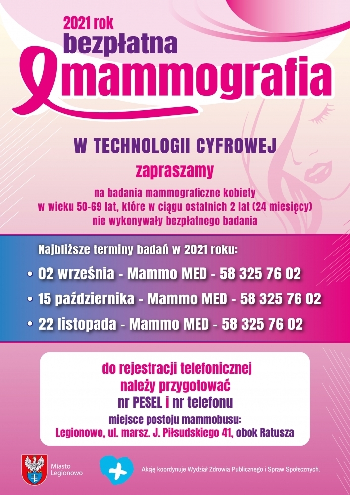 Plakat informujący o terminach badań mammograficznych w Legionowie