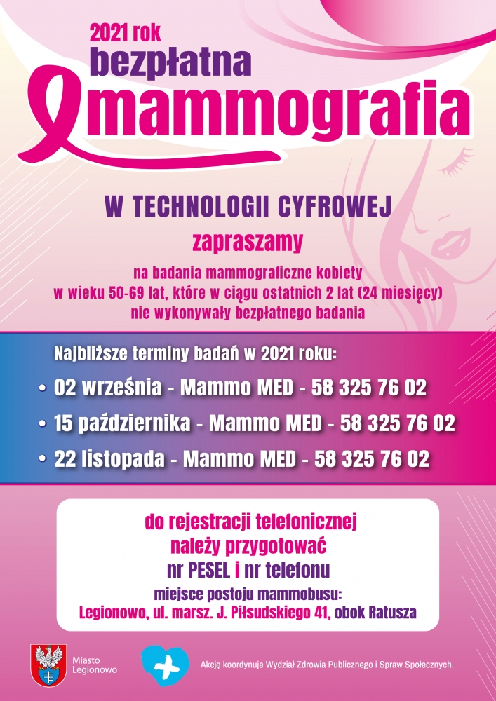 Plakat informujący o terminach badań mammograficznych w Legionowie