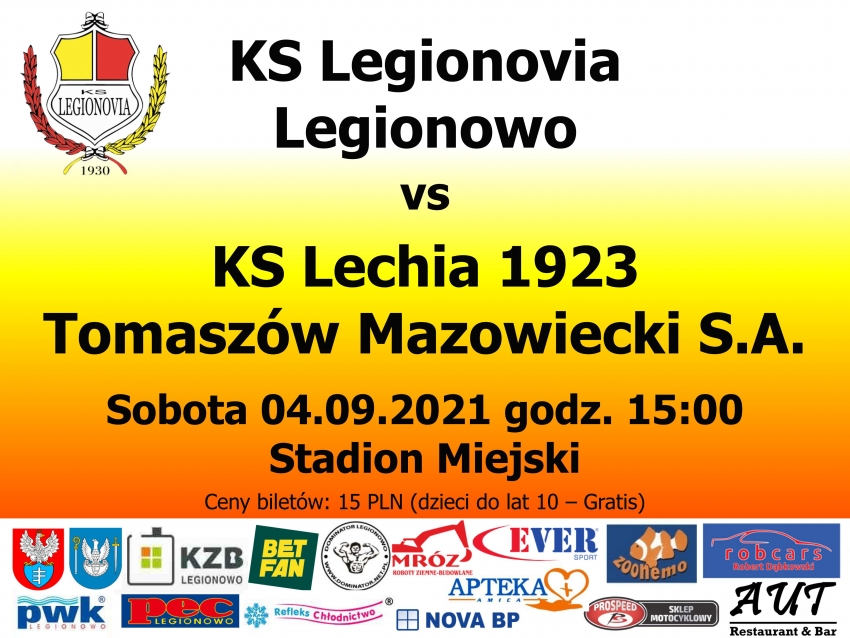 plakat z zaproszeniem na Mecz: Legionovia Legionowo - Lechia Tomaszów Mazowiecki