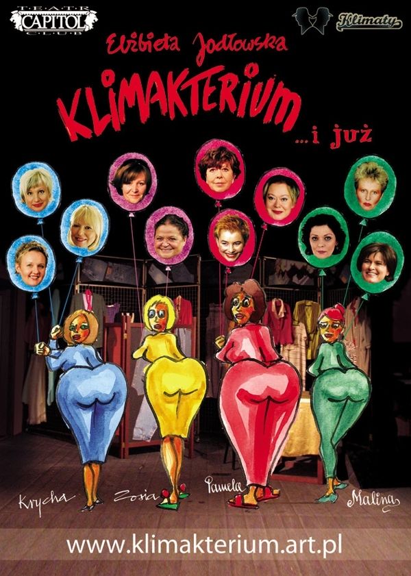 Plakat przedstawiający kolorowe sylwetki 4 kobiet wypinających pośladki, każda trzyma w ręku balony