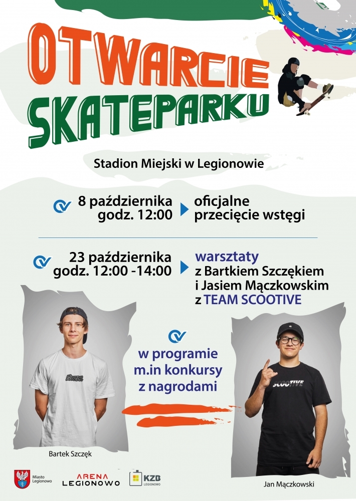 OTwarcie skateparku. Grafika przedstawia postać na deskorolce.