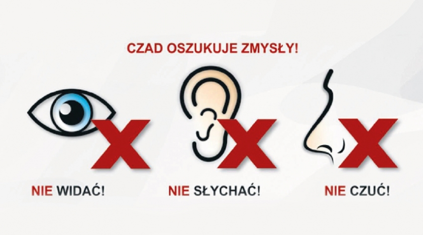 Grafika pokazująca, że czad oszukuje zmysły. Czadu - Nie widać! Nie słychać! Nie czuć!
