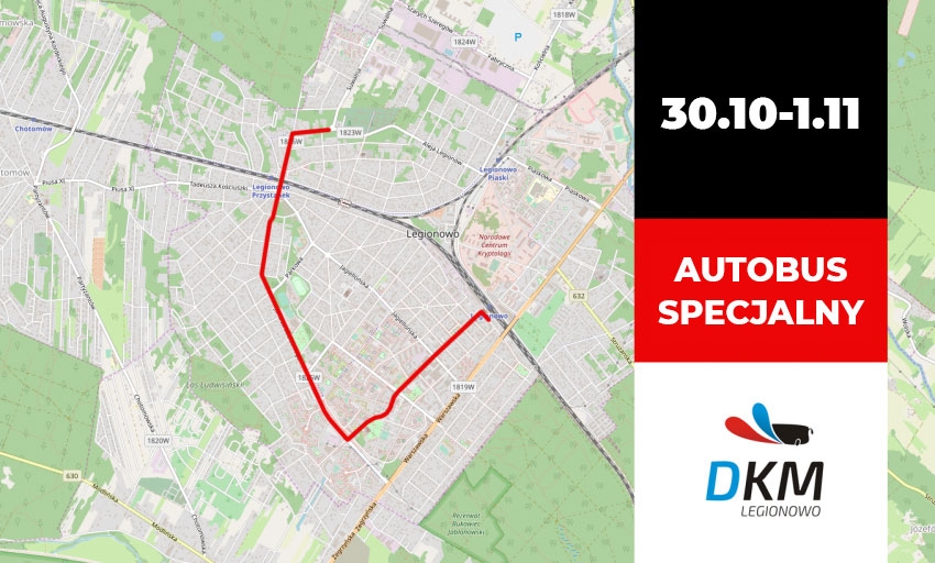 Mapa poglądowa z naniesioną czerwoną linią trasy Autobusu Specjalnego w dniach 30, 31 października i 1 listopada