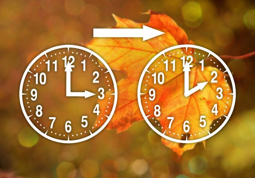 Dwa graficzne zegary obrazujące czas obecny po lewej i czas po zmianie na czas zimowy po prawej