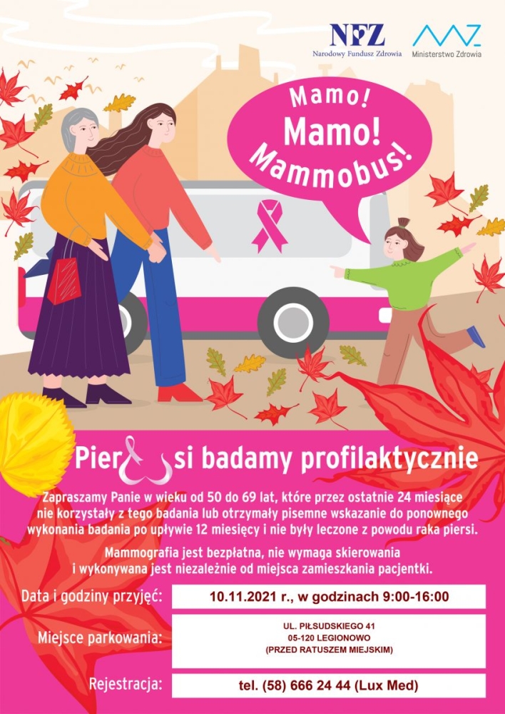 Plakat informujący o terminach badań mammograficznych w Legionowie