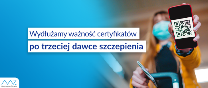 Grafika z napisem: Wydłyżamy ważność certyfikatów po trzeciej dawce szczepionki. Z boku smartfon z kodem QR