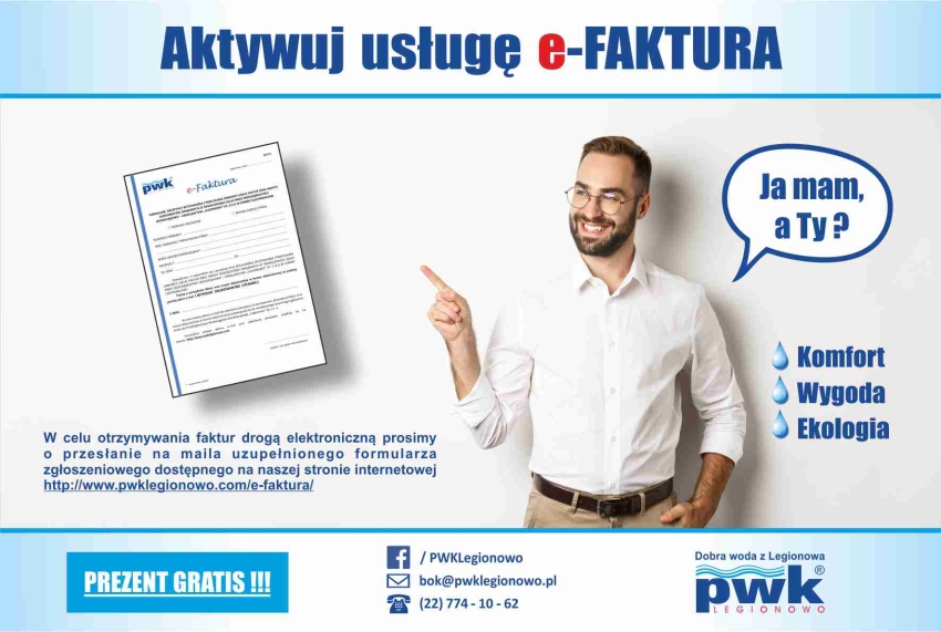 Grafika informująca o akcji - Aktywuj usługę e-Faktura. Mężczyzna wskazujący palcem na e-Fakturę