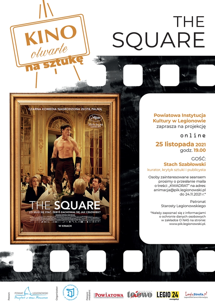 Plakat promujący Kino Otwate - The Square. Osoba stoi na stole w restauracji.
