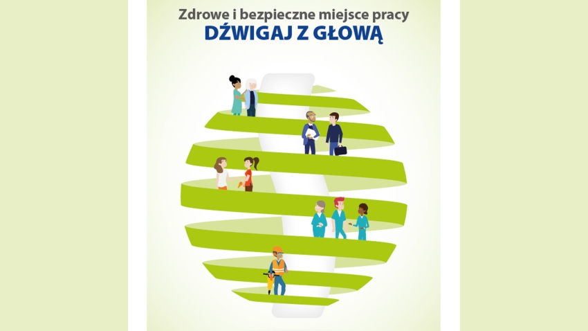 Grafika promująca kampanię 'Zdrowe i bezpieczne miejsce pracy - Dźwigaj z głową', postacie wykonujące różne zawody