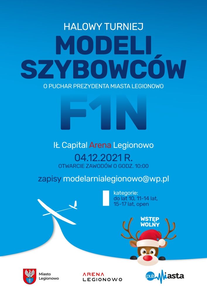 Plakat promujący halowy turniej modeli szybowców w Legionowie, 4.12.2021 r.