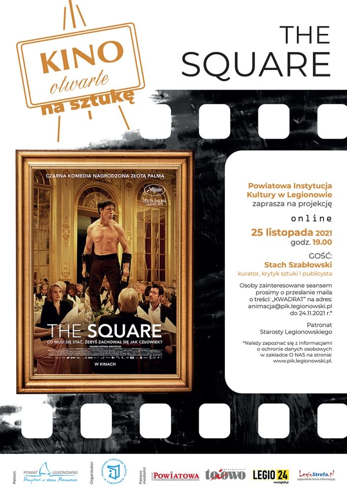 Plakat promujący Kino Otwate - The Square. Osoba stoi na stole w restauracji.