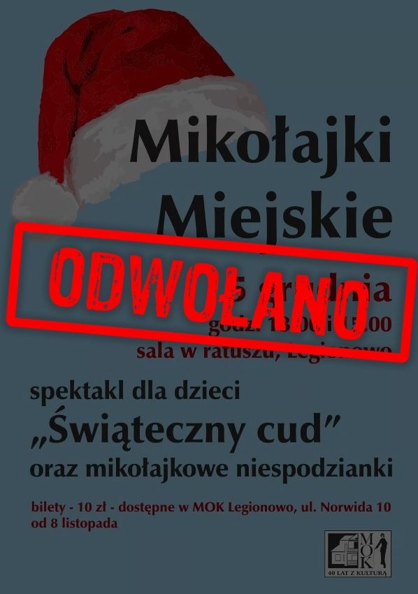 Zaciemniony plakat Mikołajek z dużym napisem 'ODWOŁANO'
